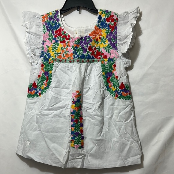 j. marie Tops - White Ruffled Bib Collar Blouse with Red Floral Accents
